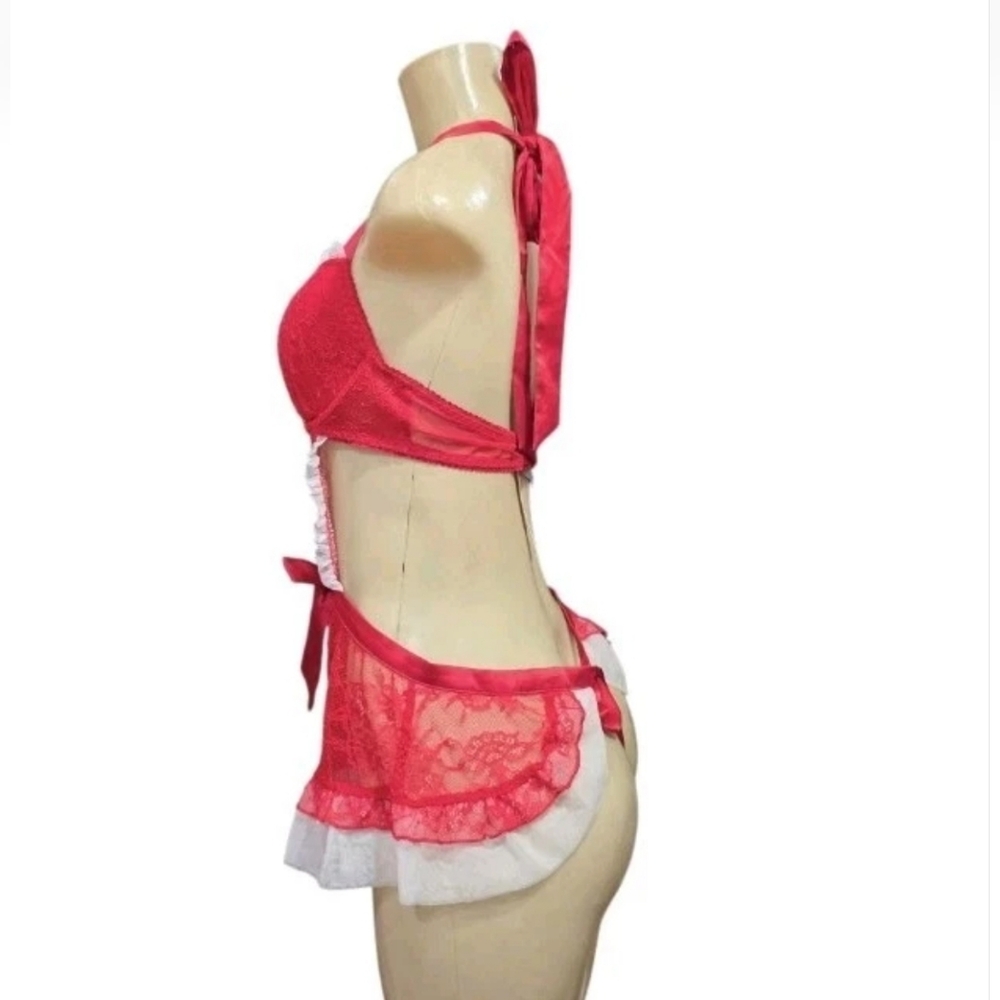 Victoria’s Secret Size M Red White Lightly Lined Lace Apron Lingerie Teddy - Picture 2 of 12
